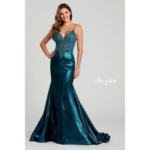 Ellie Wilde Teal Beaded Liquid Lame STYLE: EW120095 Formal Dress‎ Sz 4 Women’s